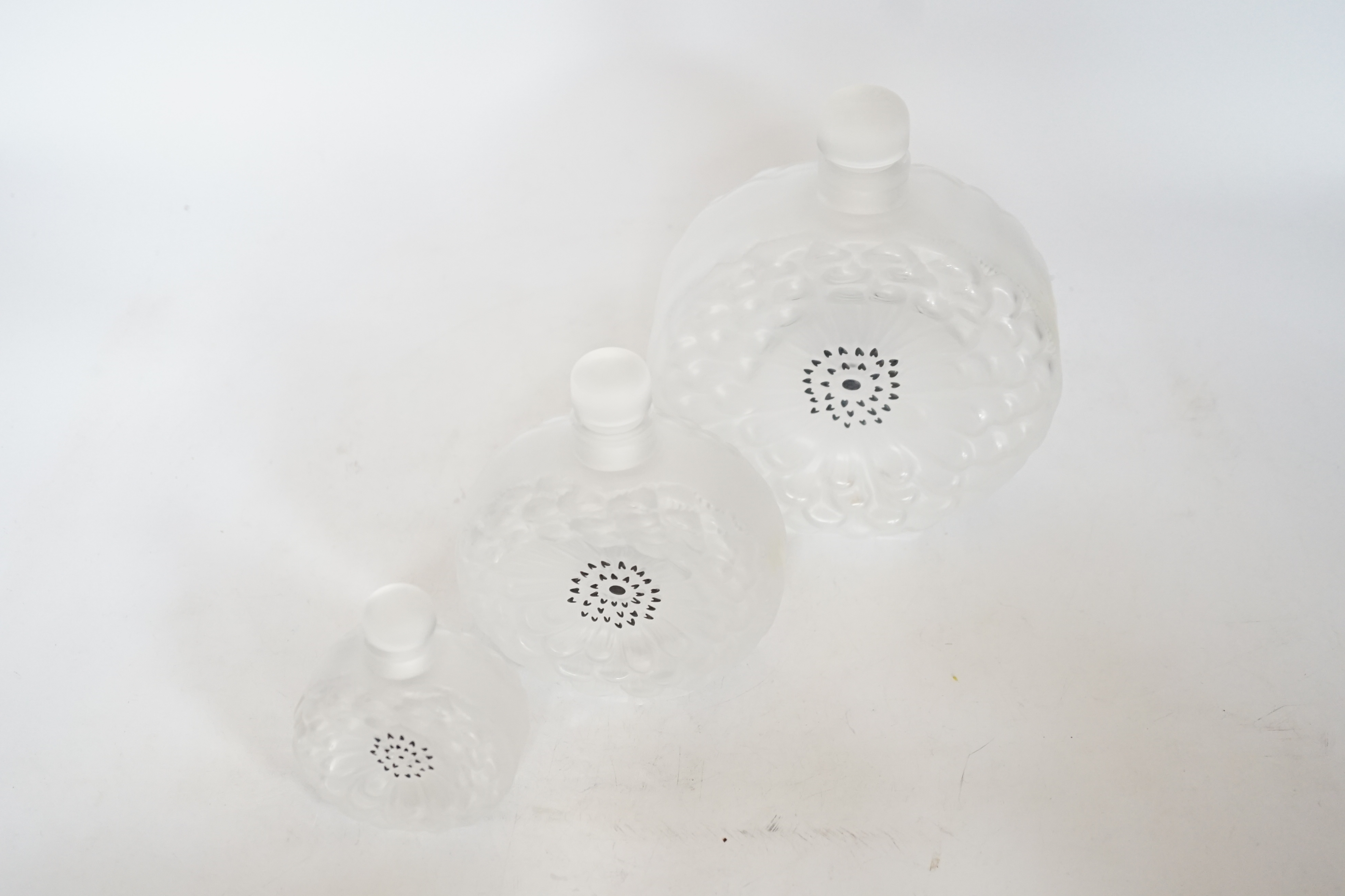 Three graduated Lalique Dahlia pattern glass scent bottles and stoppers, signed to the bases, largest 18cm high